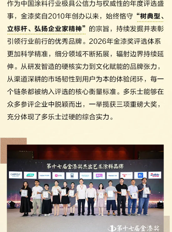 一举揽获金漆奖三项大奖，多乐士实力闪耀“涂料奥斯卡”