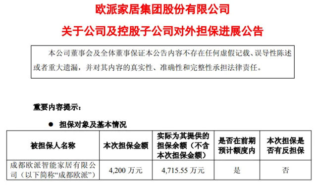 欧派家居为成都欧派提供4200万元担保,累计担保占比12.51%