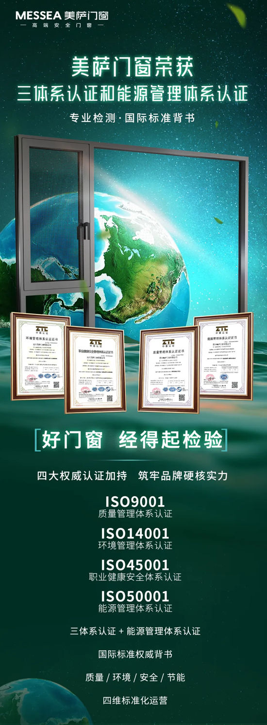 美萨门窗荣获ISO三体系认证 + 能源管理体系认证