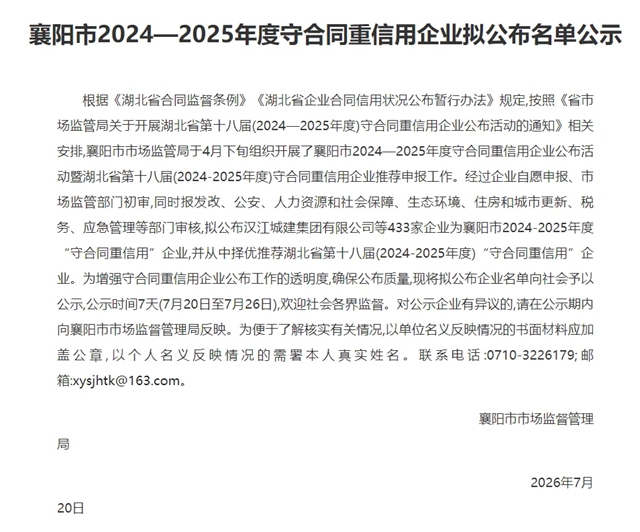 九阳防水荣膺襄阳市2024—2025年度“守合同重信用企业”称号